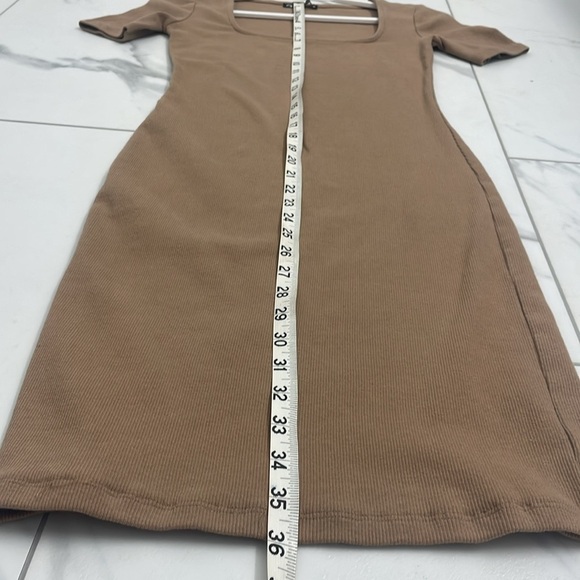 Zara Midi Bodycon Dress Ribbed Square Neck Short Sleeves Tan Size S - Picture 10 of 11